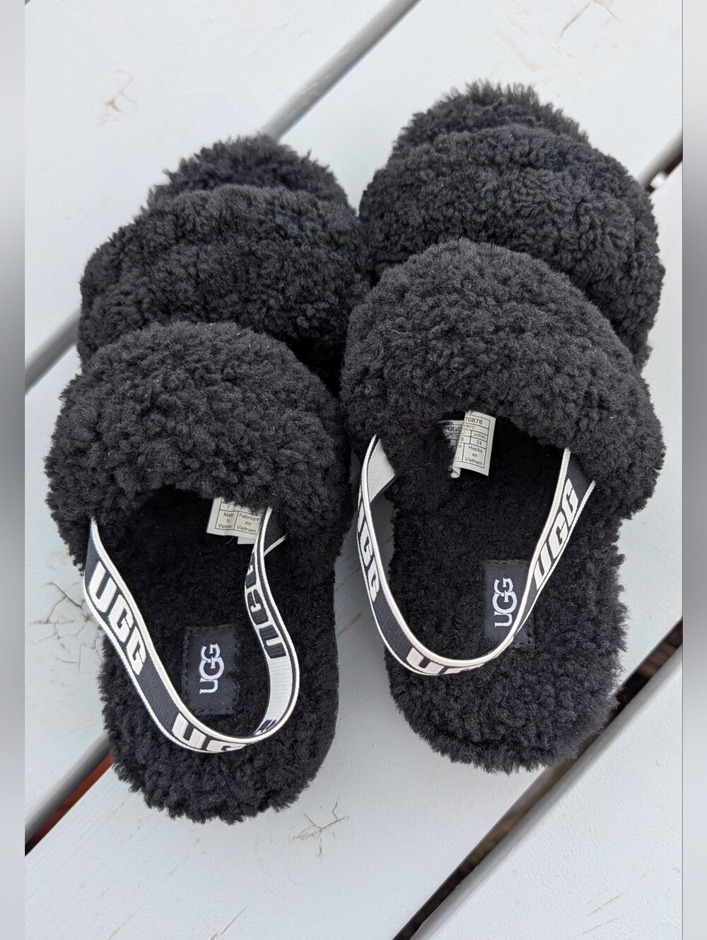UGG Black Fluff Yes Logo Strap Slide Sandals Woman's Sz 7